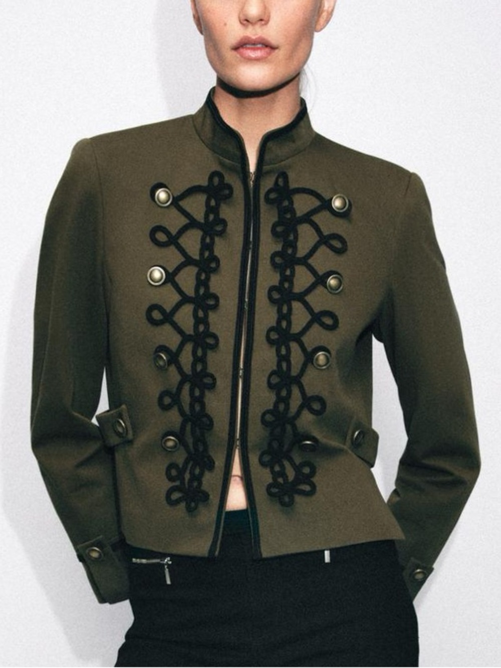 NWT Zara Military Jacket Blazer with Frog Trim & Brass Buttons Olive Green Sz S